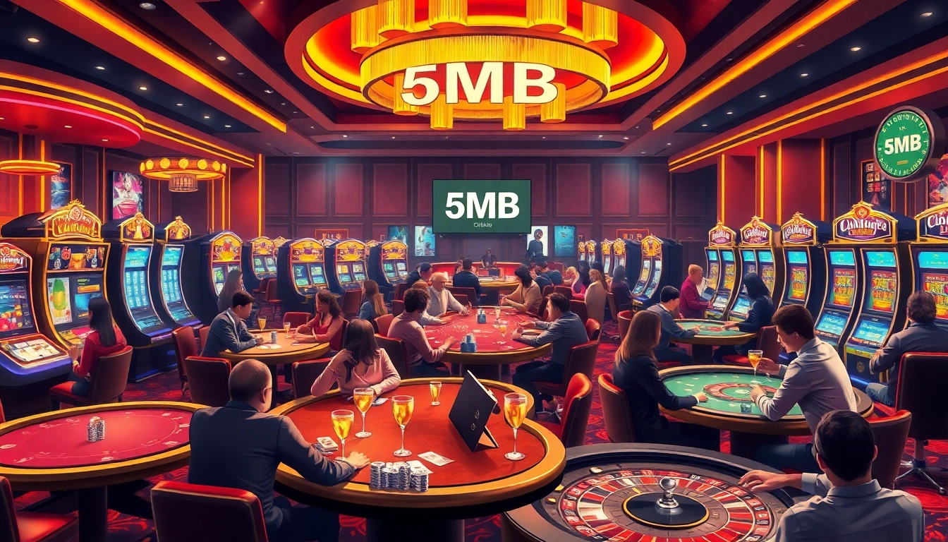 Experience the thrill of a bustling casino scene highlighting excitement with 5MB jackpots and engaging players at tables.