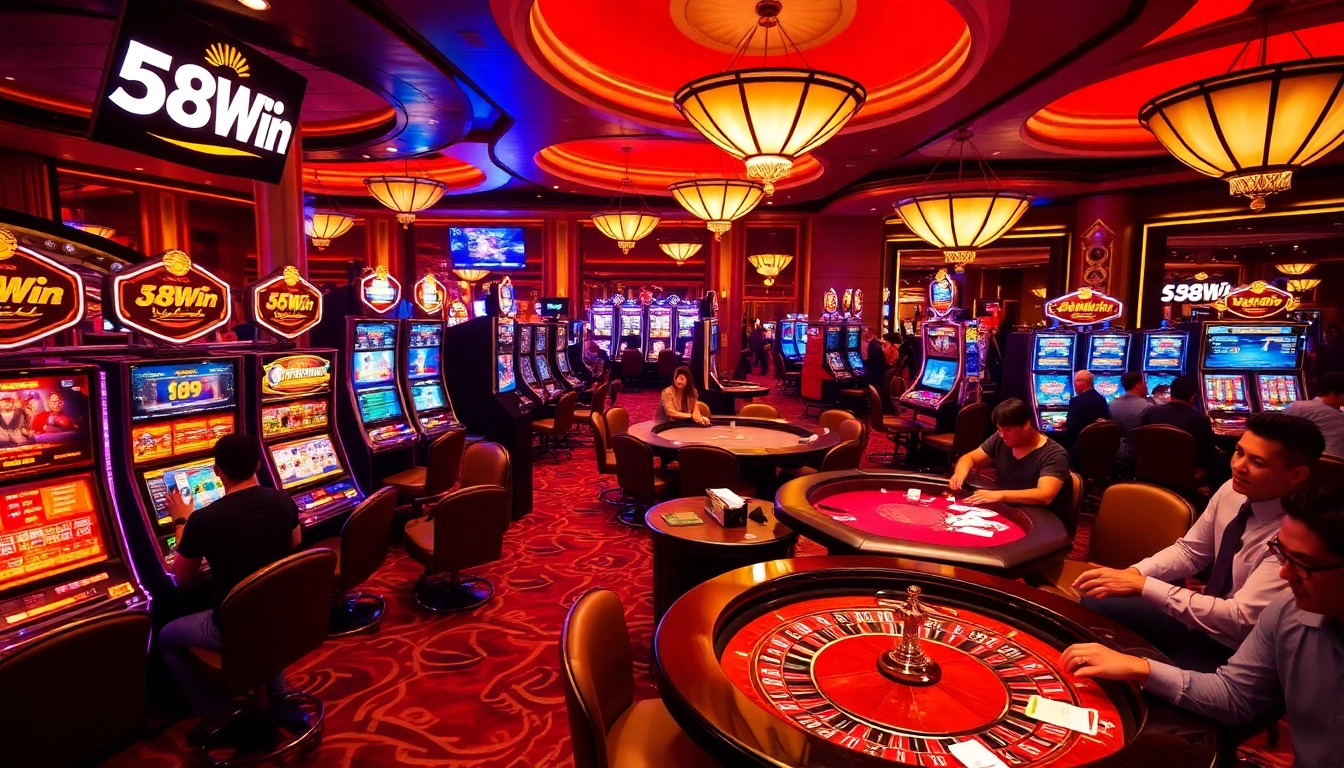 A dynamic casino scene at 58win featuring vibrant slot machines and a roulette table, showcasing the excitement of gamblers.