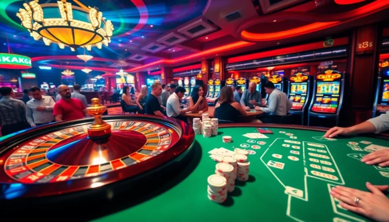 Go8 casino bustling with players at the roulette wheel, poker tables, and slot machines, capturing the excitement of gambling.