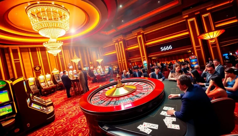 Experience exhilarating action with S666 at a vibrant casino scene featuring roulette, poker, and lively players winning big.