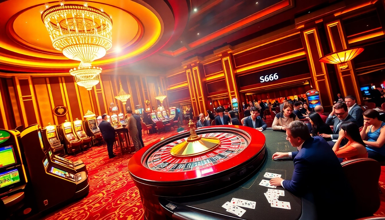 Experience exhilarating action with S666 at a vibrant casino scene featuring roulette, poker, and lively players winning big.