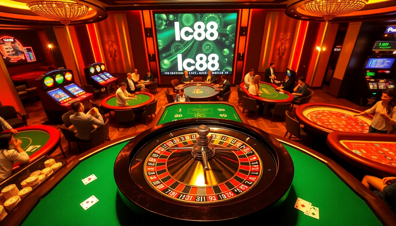 Exciting view of a lively casino scene showcasing the lc88 brand with players engaged at the roulette wheel and tables.