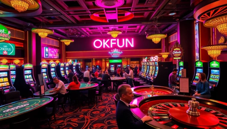 OKFUN casino scene showcasing players enjoying vibrant slot machines and game tables, embodying the thrill of gambling action.