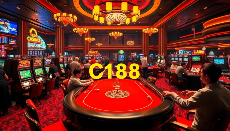 Experience the thrill of the C168 casino with lively players, vibrant poker tables, and classic slot machines in a luxurious setting.