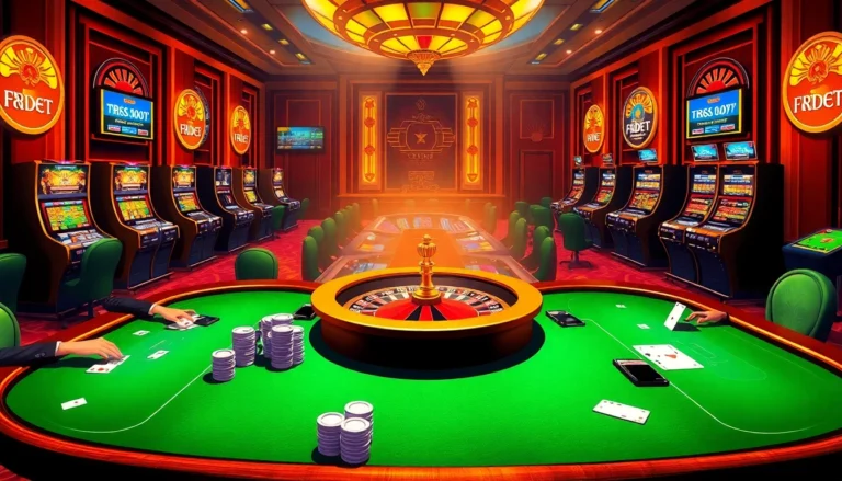 f8bet casino interior filled with players at poker tables, bright slot machines, and a spinning roulette wheel.