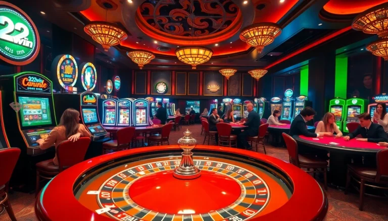 Experience unforgettable moments at 32win casino, featuring vibrant slot machines and exhilarated players at the roulette table.
