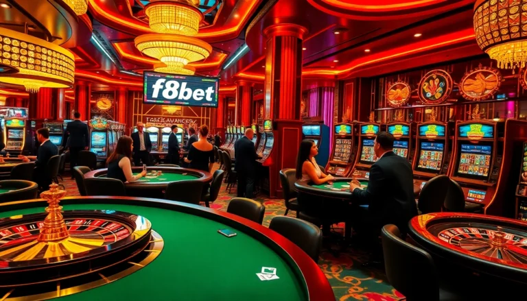 F8bet casino scene featuring players at poker tables and vibrant slot machines, highlighting thrilling gambling action.