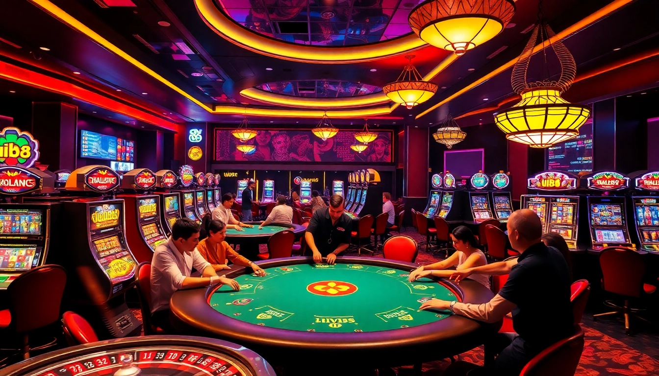 uu88 casino floor with high-stakes poker and vibrant slot machines