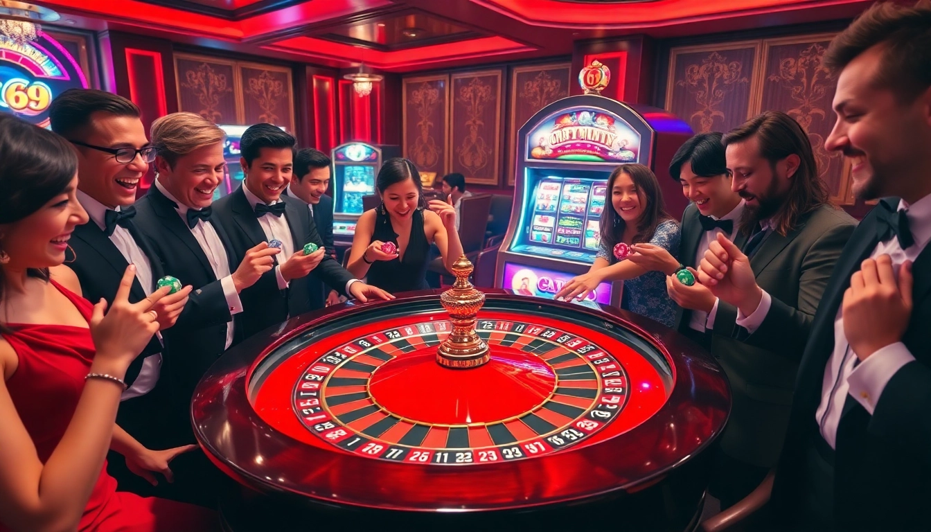 Experience the thrill of gambling with go8's luxurious casino environment featuring a roulette wheel and excited players.