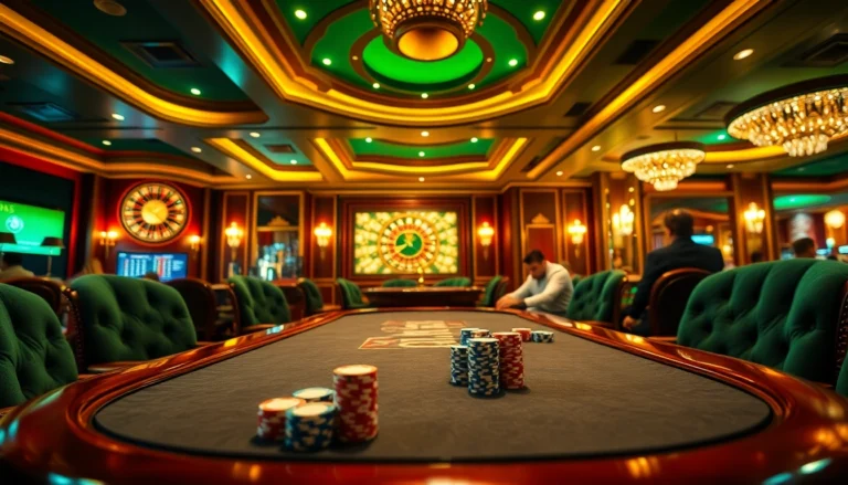 Experience the thrill of casino gaming at king33 with vibrant poker chips and an intense high-stakes poker table.
