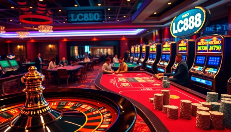 Experience excitement with LC88 at an upscale casino table bustling with players and vivid gaming elements.