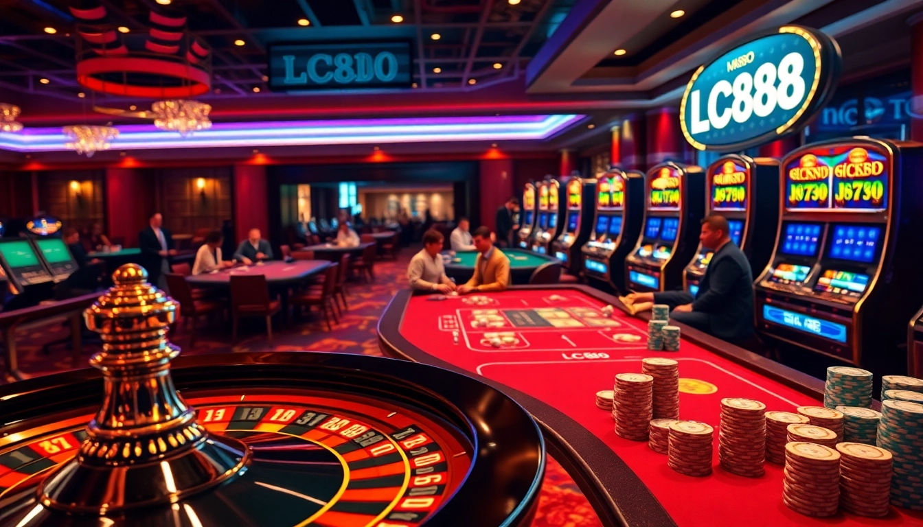 Experience excitement with LC88 at an upscale casino table bustling with players and vivid gaming elements.